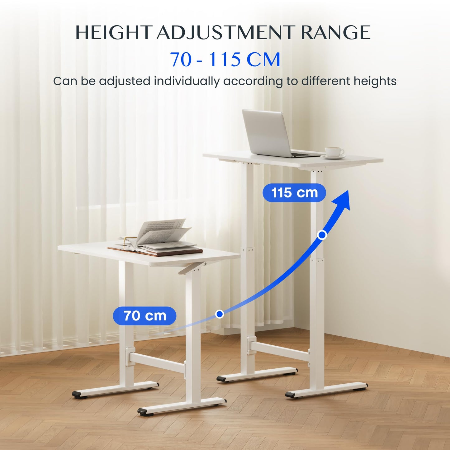 FLEXISPOT Small Standing Desk 80×50cm with Wheels, Pneumatic Height Adjustable Rolling Laptop Table, Mobile Bedside Workstation, White