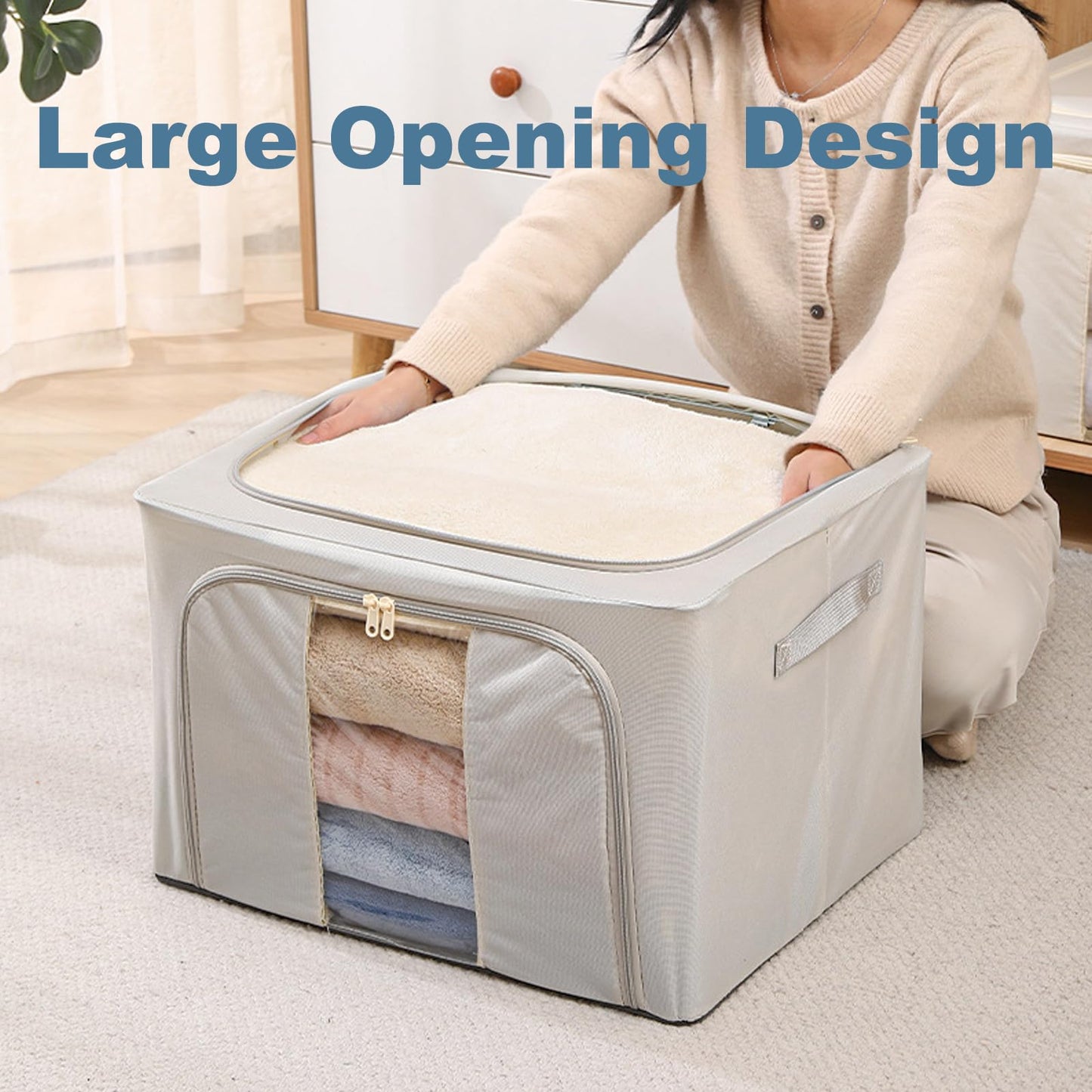 Goesort 3 Pack Clothes Storage Boxes with Steel Frame Support, 66L Moving Bag Wardrobe Storage Organiser Packing Boxes for Moving House with Clear