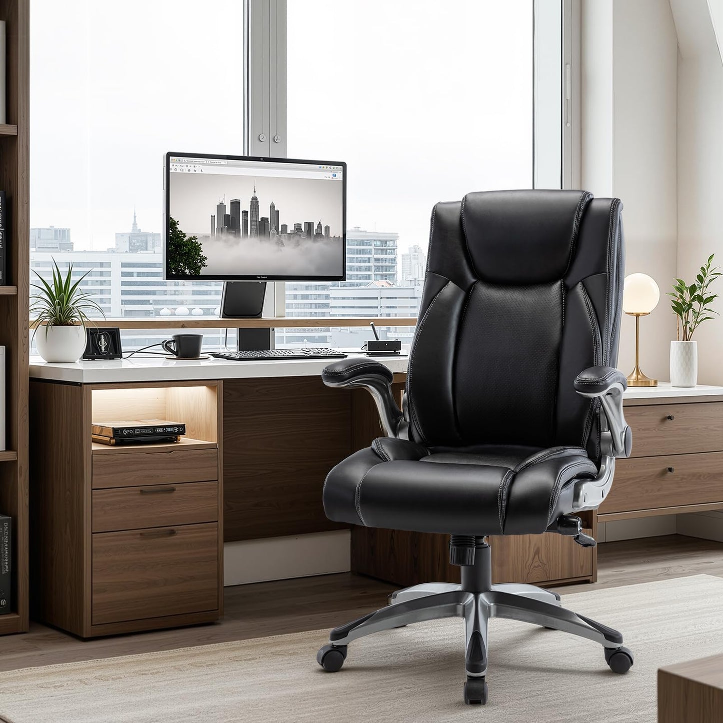 Ergonomic Executive Office Chair with Adjustable Lumbar Support, Flip-up Armrests, Double Padded Seat & Tilt Function