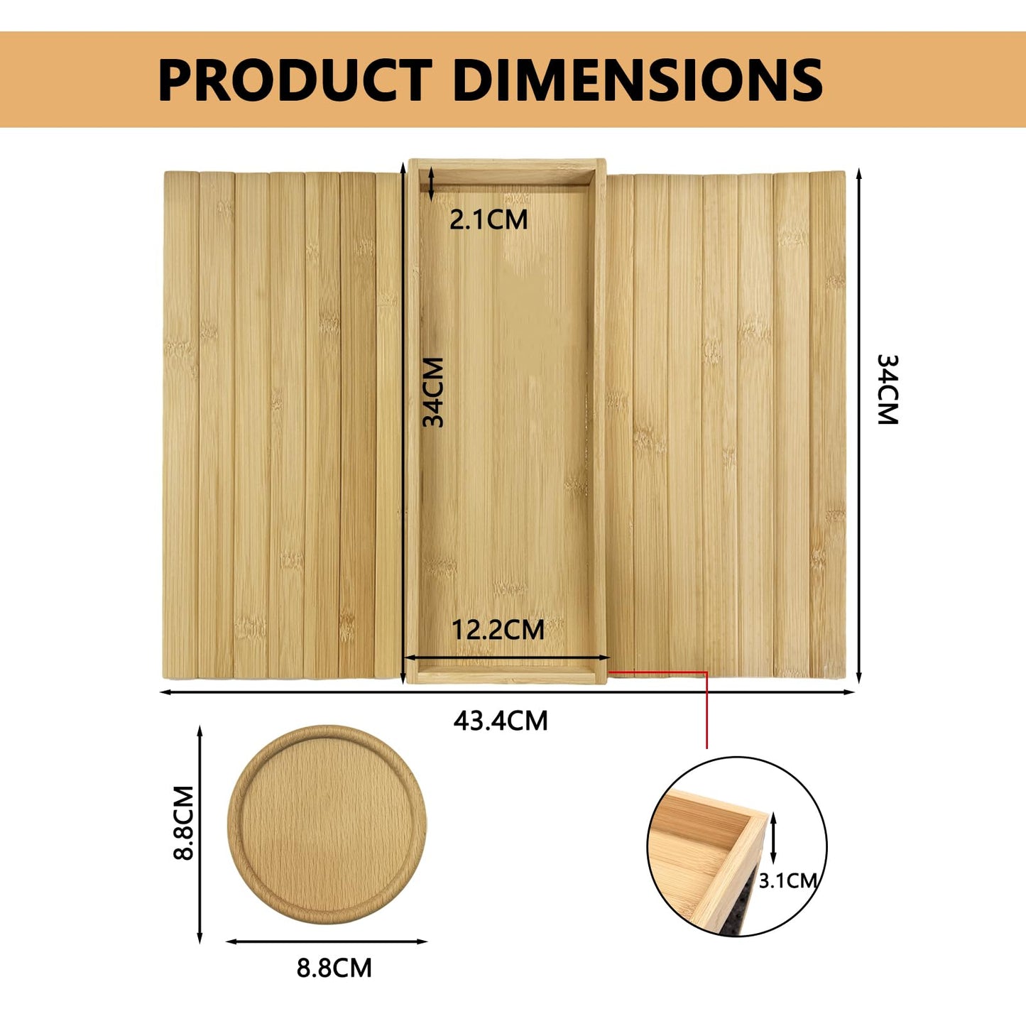 Solid Wood Armrest Tray, Space-Saving Table for Snacks & Drinks, Non-Slip Grooves, Includes 1 Wooden Coaster, Sofa Armrest Organizer