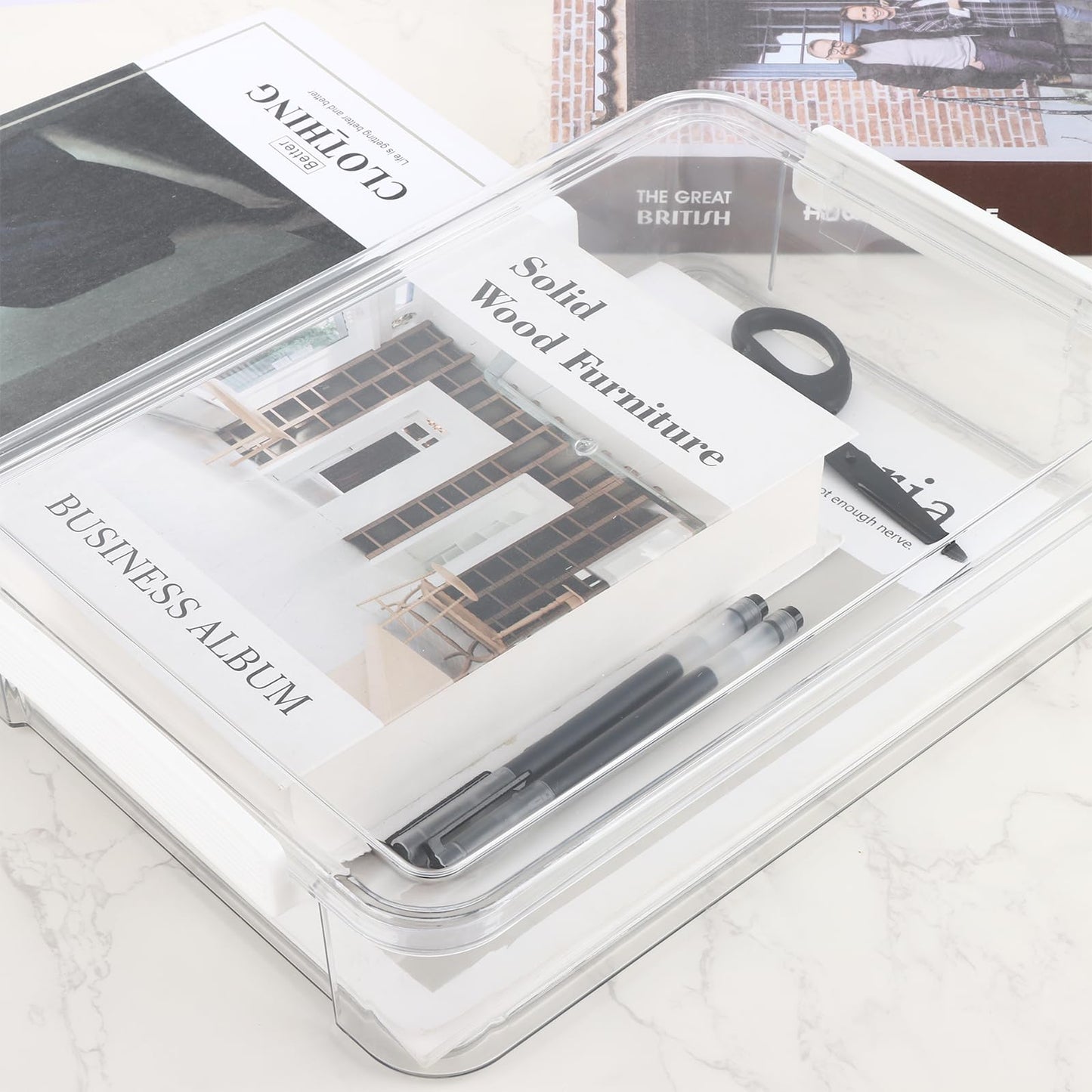 MEIDIV 4 PCS Plastic A4 Storage Boxes with Lids, 34.7x23.4x6.5CM Clear Stackable Shallow Storage Box, A4 Box for Paper Storage, Document, Stationery