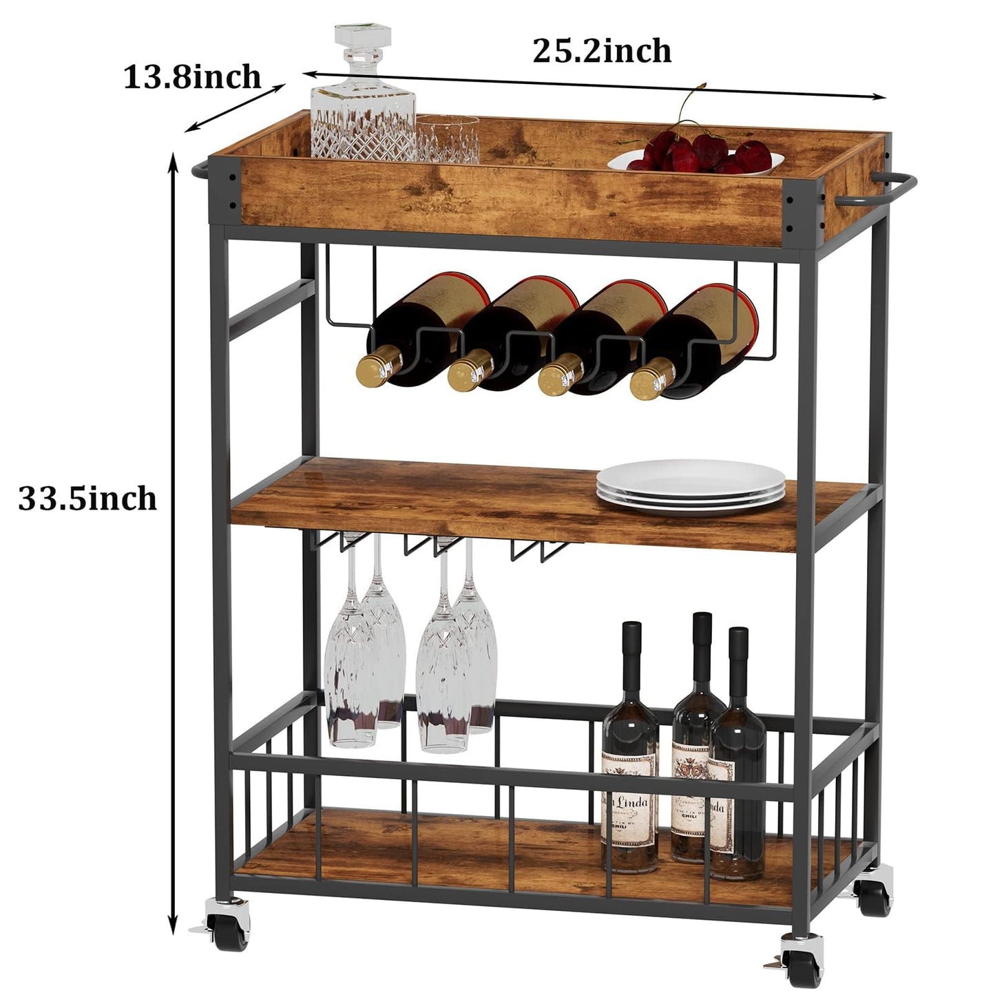 Huhote Serving Trolley, Kitchen Trolley, Bar Cart with Wheels, Wine Cart with Bottle Holder, 3 Tier Drinks Trolley for Living Room, Dining Room