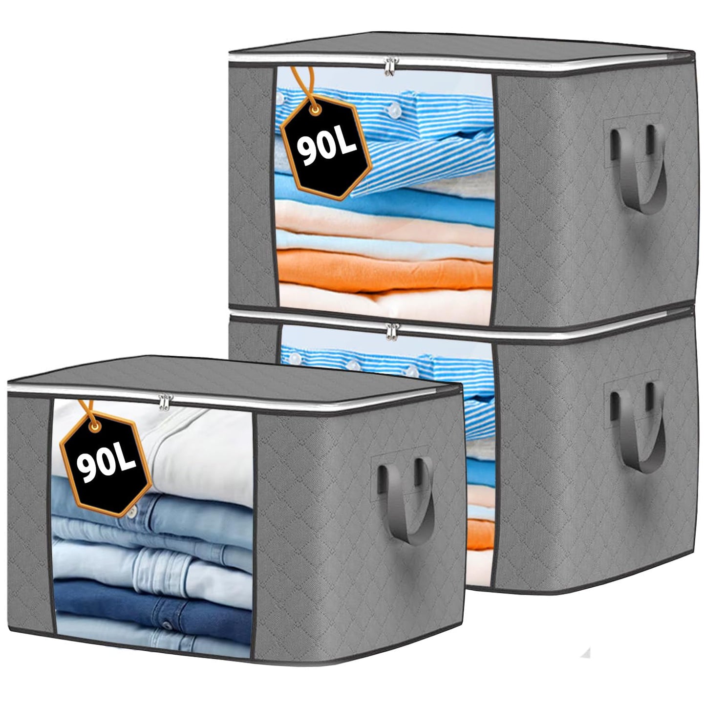 KURNI Storage Bags | Clothes Organizer Boxes, Foldable 3 Pack Grey, 90L Capacity, 3 Sided Zipper Moving Large Bag. Dust & Moisture Proof