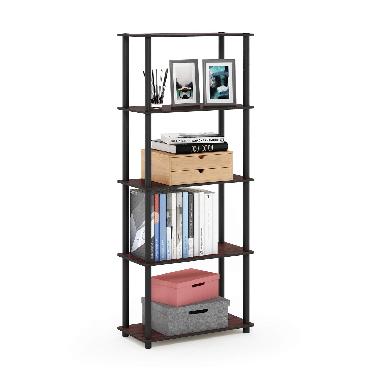 Furinno TURN-N-TUBE Tool-Free 5-Tier Book Shelf, Cherry Oak