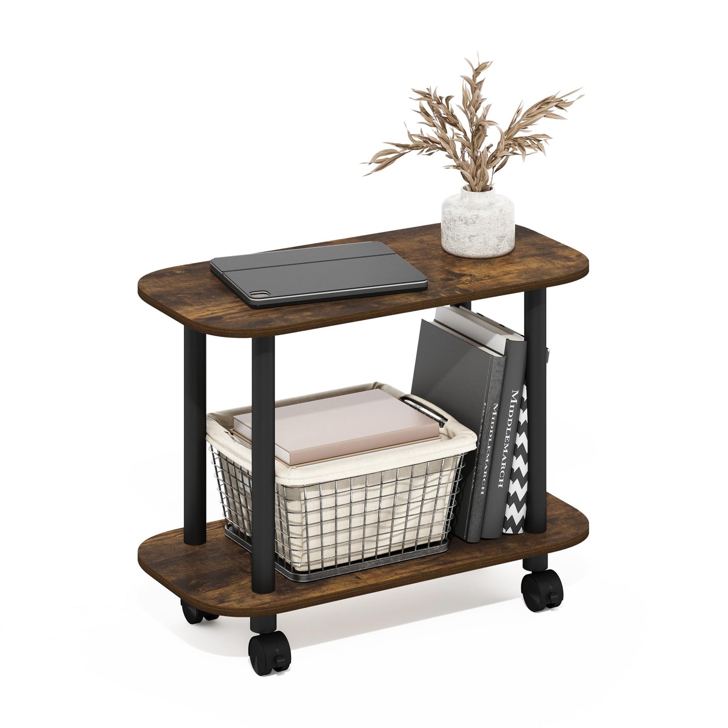 Furinno TURN-N-TUBE Side Table, 2-Tier Oval Sofa End Table with Wheels, Round Corner Night Stand, Bedside Table with Open Shelf, Toolless Assembly