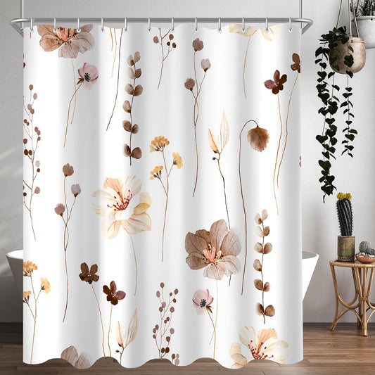 Lerores Shower Curtain, 180 x 180 cm, Brown Flower, Weighted Hem, Anti-Mould, Water-Repellent, Washable Polyester Bath Curtains with 12 Eyelets and