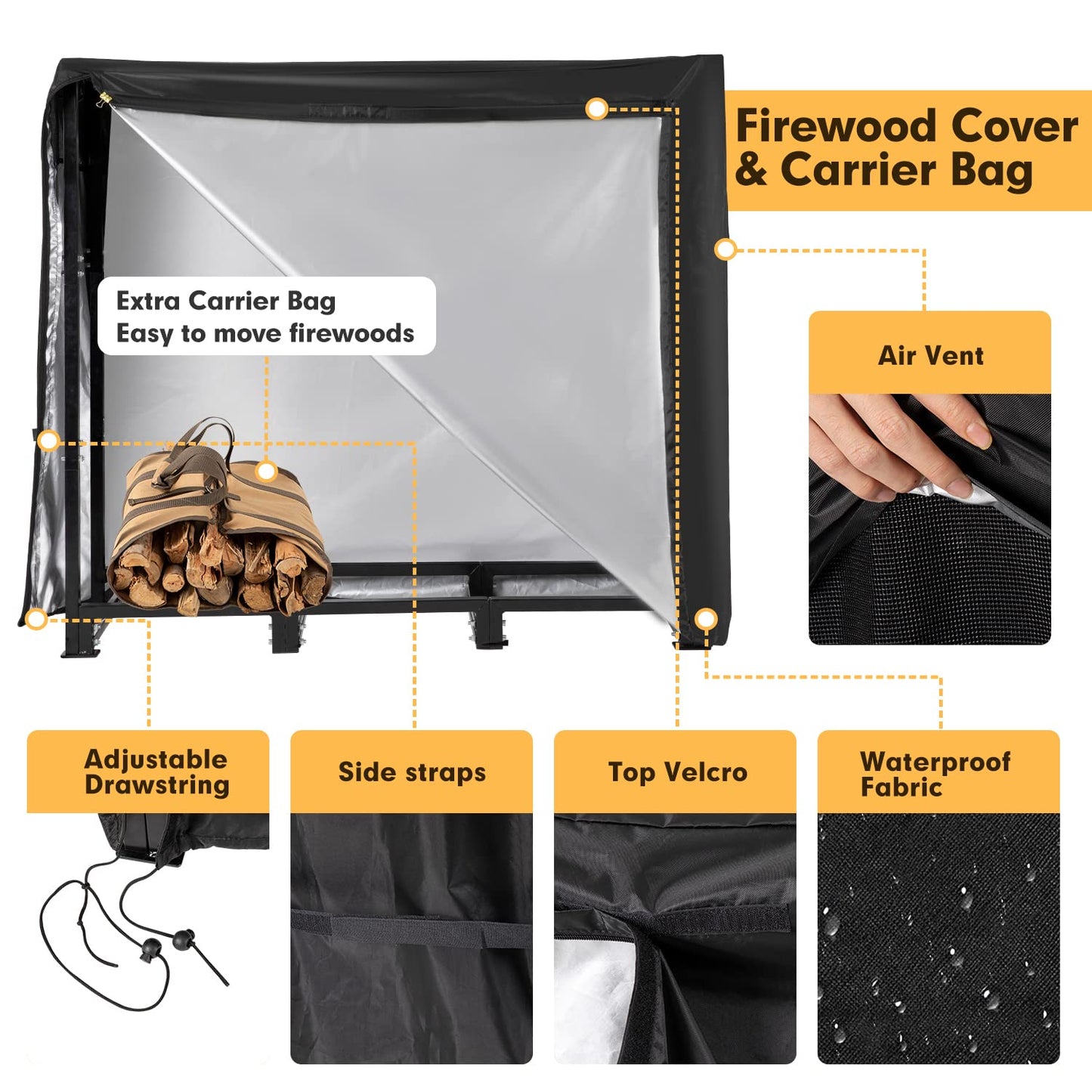 NALONE 4FT Outdoor Firewood Rack with Cover&Carry Bag Heavy Duty Square Strong Stand Rack with Waterproof Cover for Fireplace Fire Pits Wood Pile