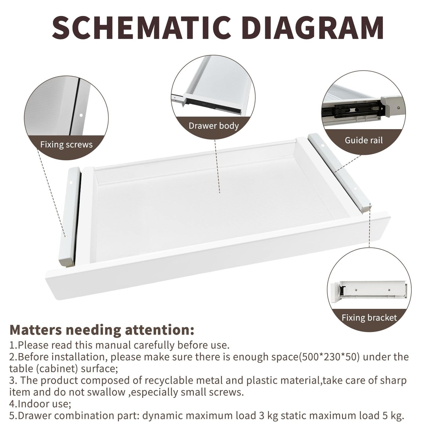 ZEEFAN Under Desk Mounted Sliding Drawer to pull out, Attachable Desk Pencil Drawer Ball-Bearing Slides (White)