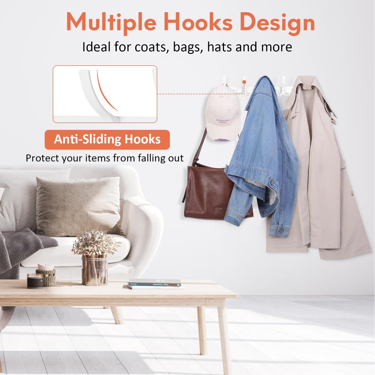 Optish Coat Hooks Wall Mounted, 2 Pack Coat Rack Wall Mount with 15 Hooks, White Wall Coat Hooks for Jackets, Hats, Bags, for Entryway, Bedroom