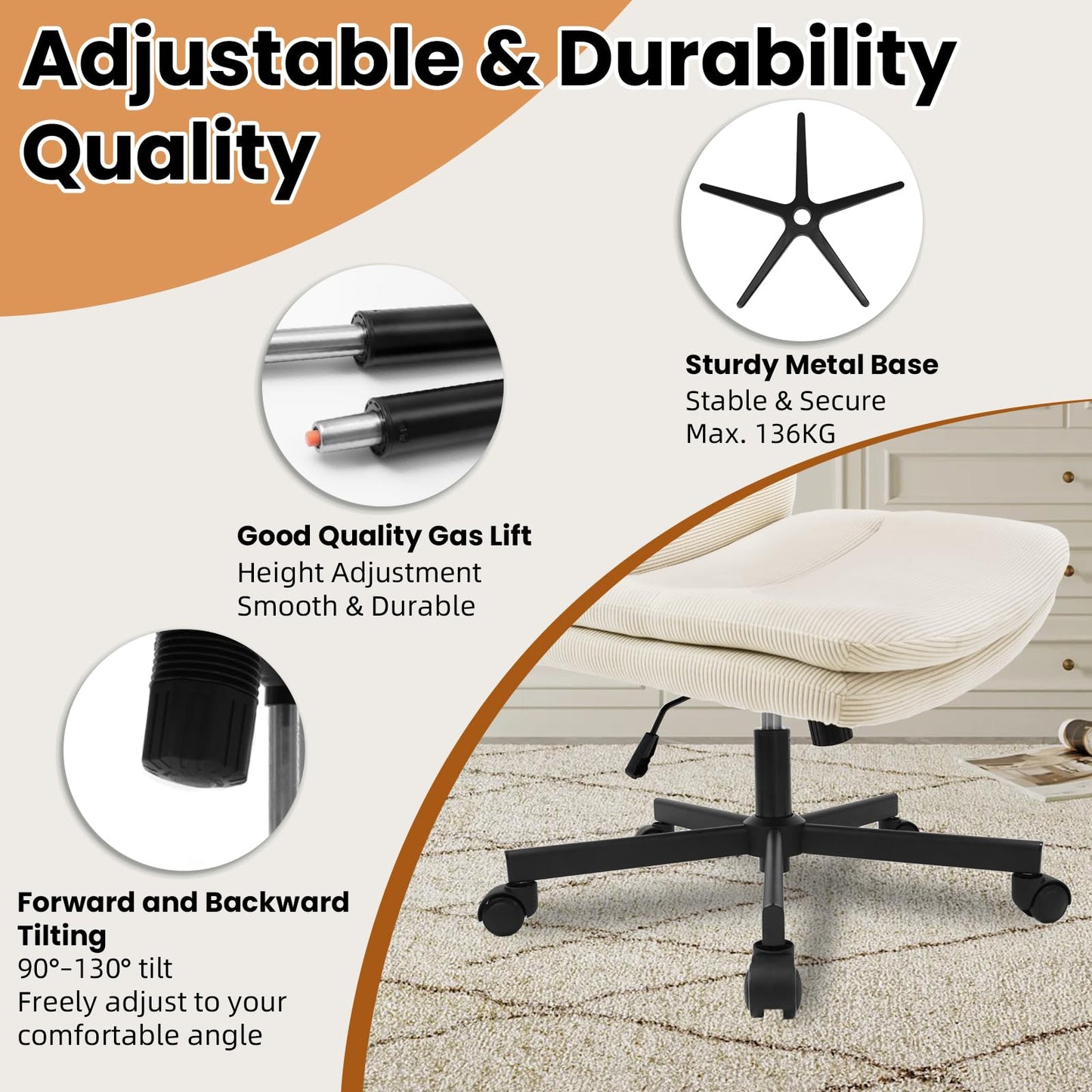 Durrafy Cross Legged Office Chair, Criss Cross Chair with Wheels, Armless Wide Seat Desk Chair, Double Layer Cushion