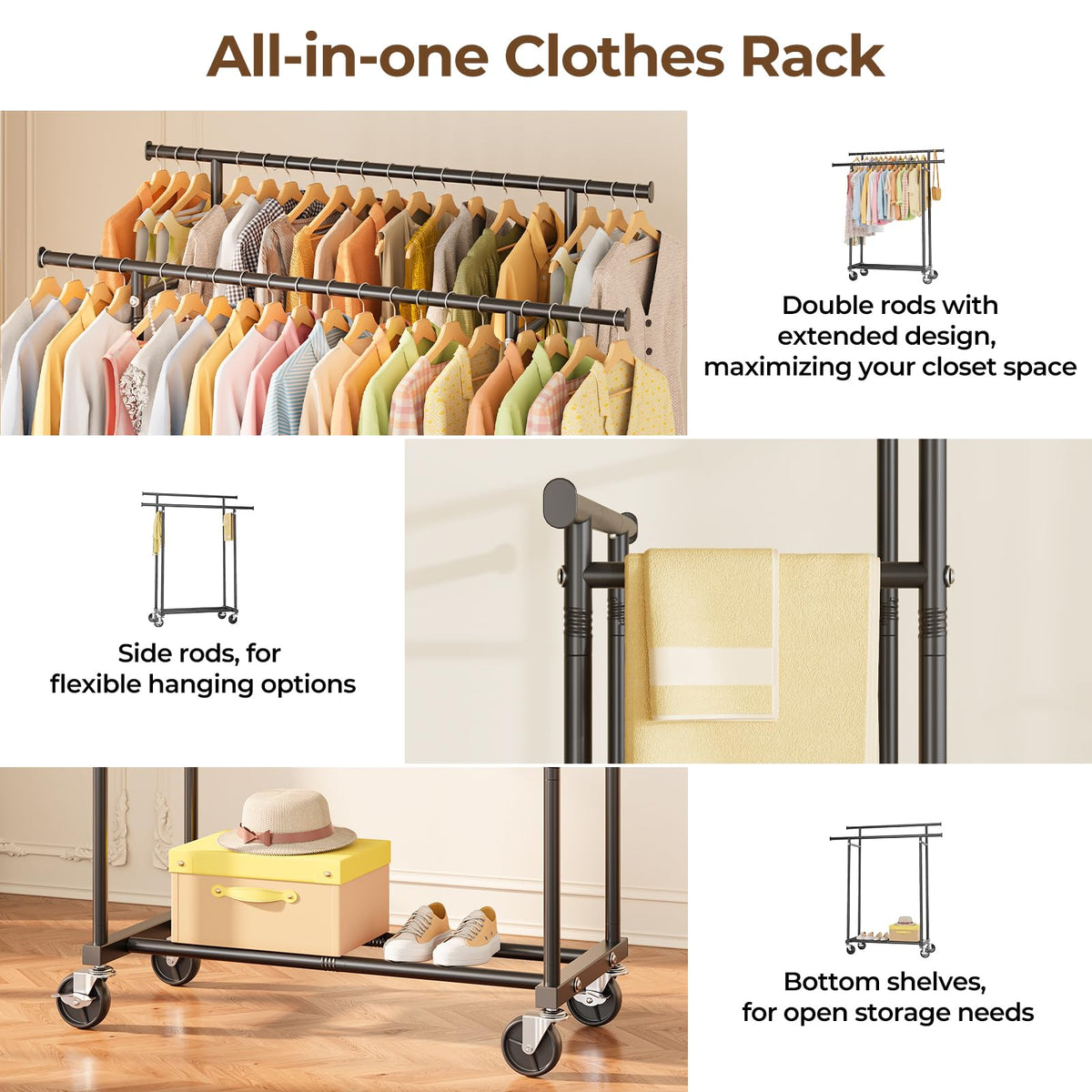 HYSEYY Double Rod Clothes Rail, Rolling Clothes Rack, Heavy Duty Clothing Rail with Lockable Wheels & Storage Shelf, Clothing Rack for bedroom