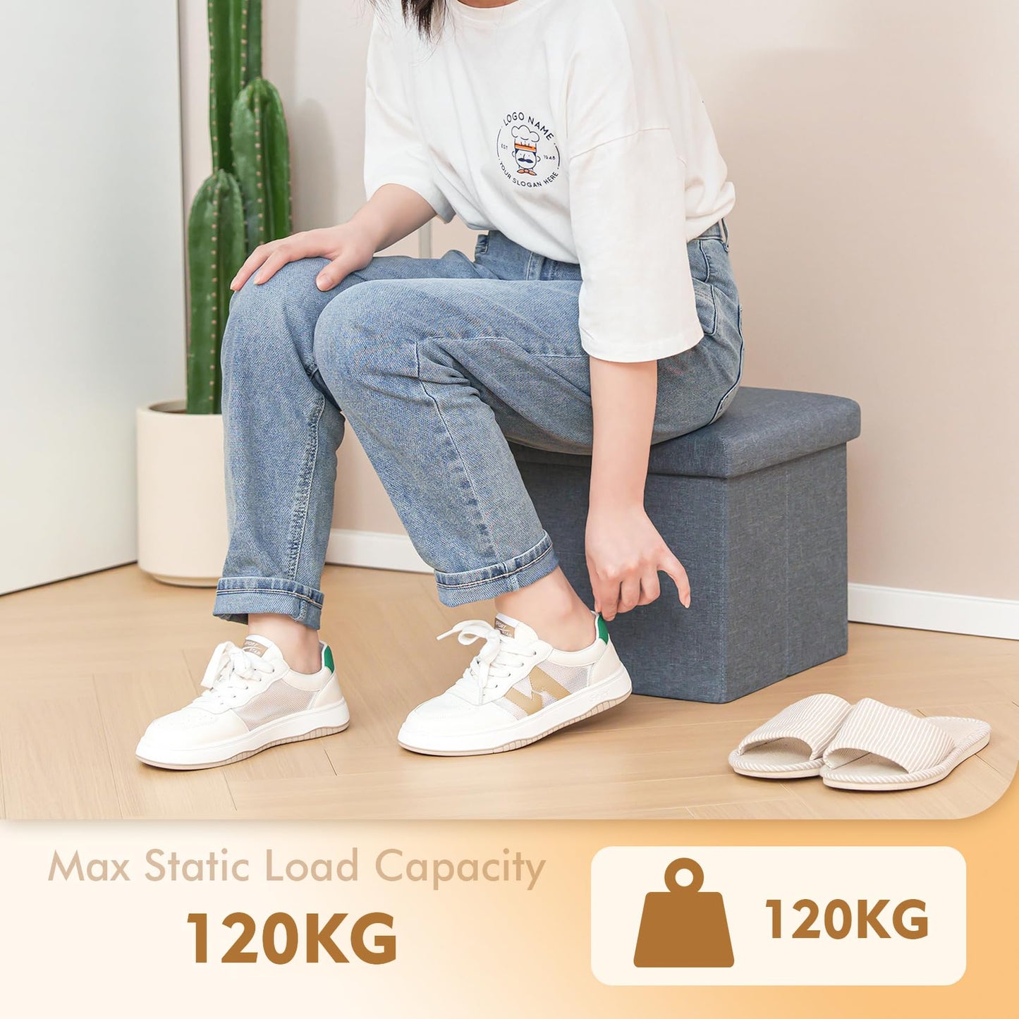 Bonlife Grey Small Ottoman Storage Box with Lid,Foot Rest Stool with Storage,Linen Toy Chest Box,Folding Footstool Cube Seat for Living Room 11.8"