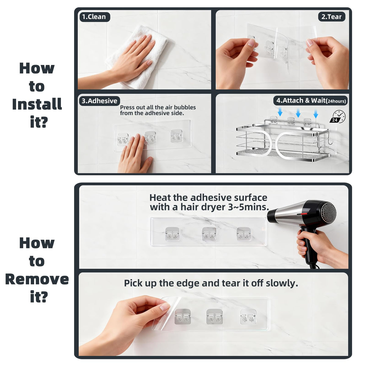 Adurei 4 Pack Shower Caddy Adhesive Strips Replacement No Drilling Self Adhesive Stickers Waterproof for Bathroom Shower Shelves