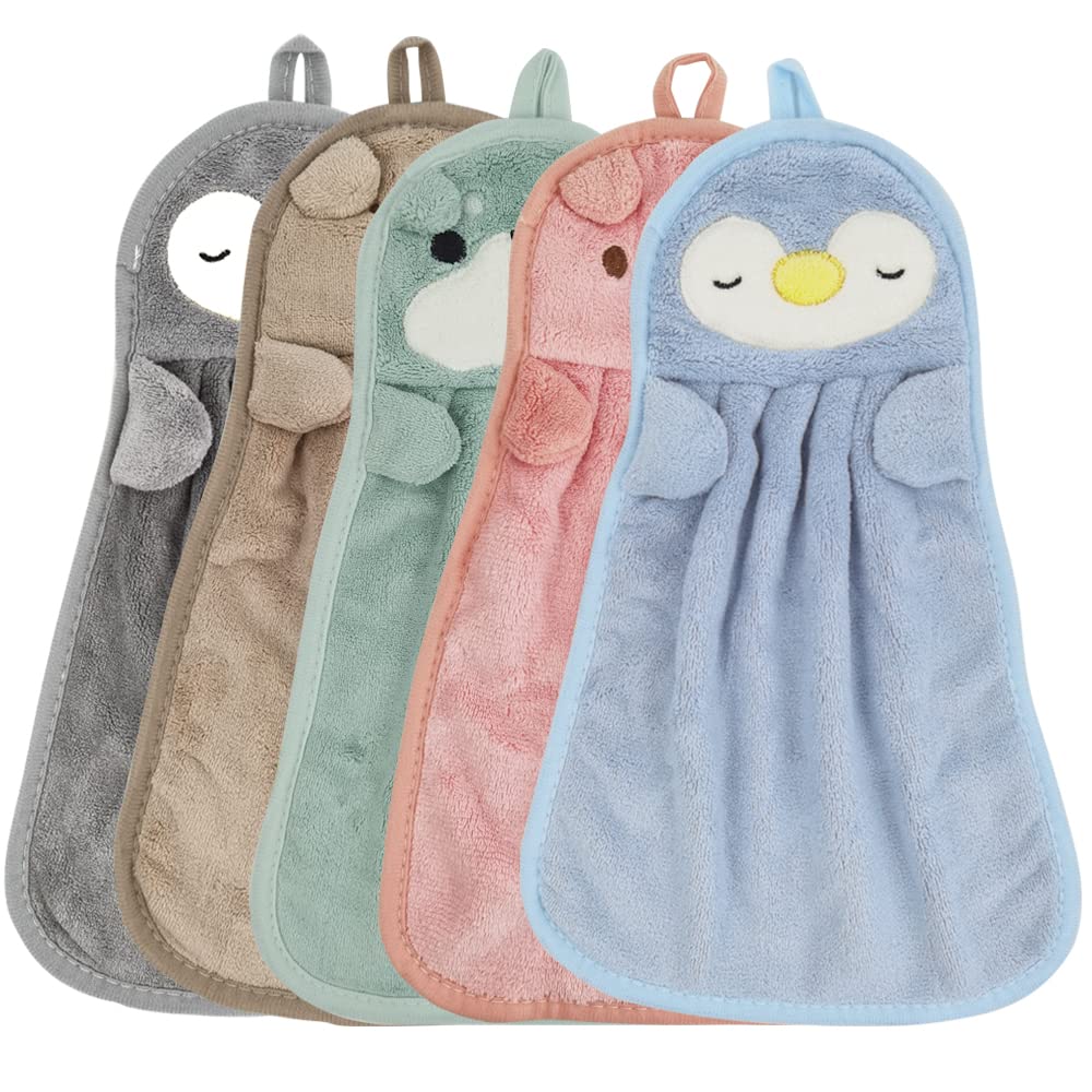 DOULEIN Cute Animal Hand Towels,5 Pack Soft Coral Velvet Microfibre Hanging Hand Towels Quick Dry Hanging Face Towel for Kids Super Absorbent