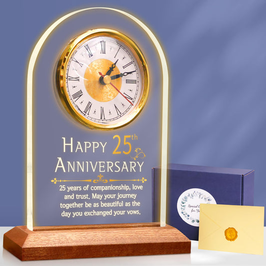 OkiyiD Light Up 25th Anniversary Wedding Gifts Quartz Clock with Wooden Base,25 Years Silver Wedding for Couple,Parents,Soft Warm White Lighting 25th