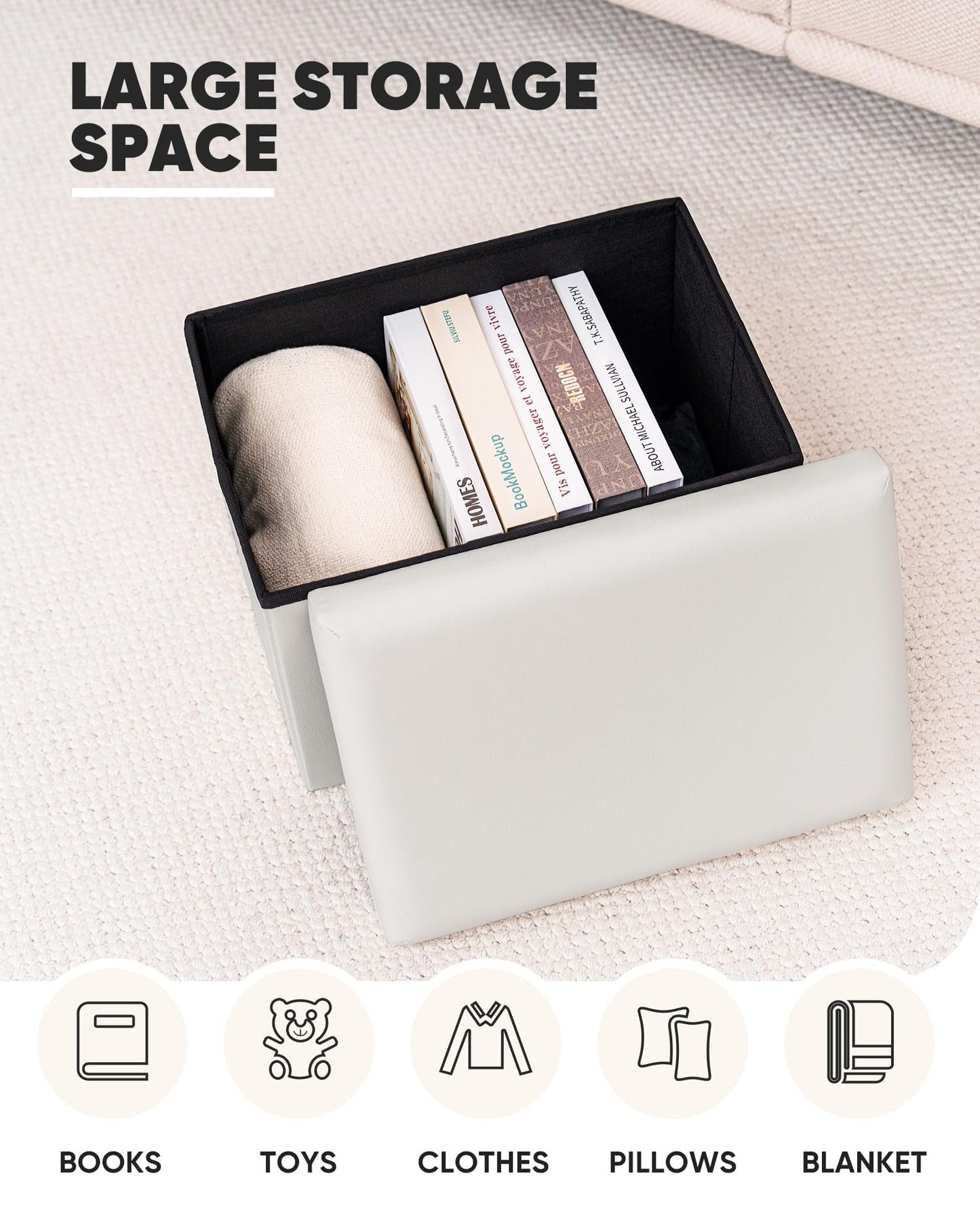 Bonlife Cream Ottoman Storage Box - Folding Foot Stool with Lid, Comfortable Storage Ottoman for Home,42x32x32 cm