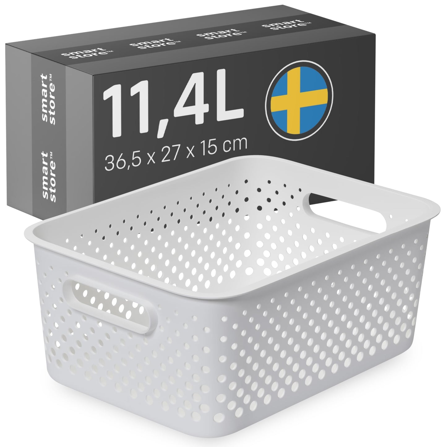 SmartStore Storage Basket with Handles in White 11.4L (36.5x27x15cm) | Plastic Storage Bin from Recycled Plastic