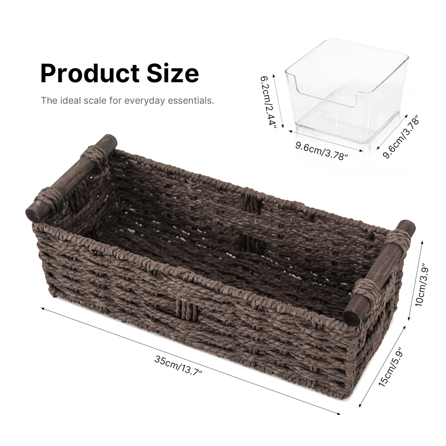 Paper Rope Storage Wicker Baskets for Toilet Tank Top with Wooden Handle Small Decorative Organizer Bin Rectangular Tray for Countertop Shelf Brown