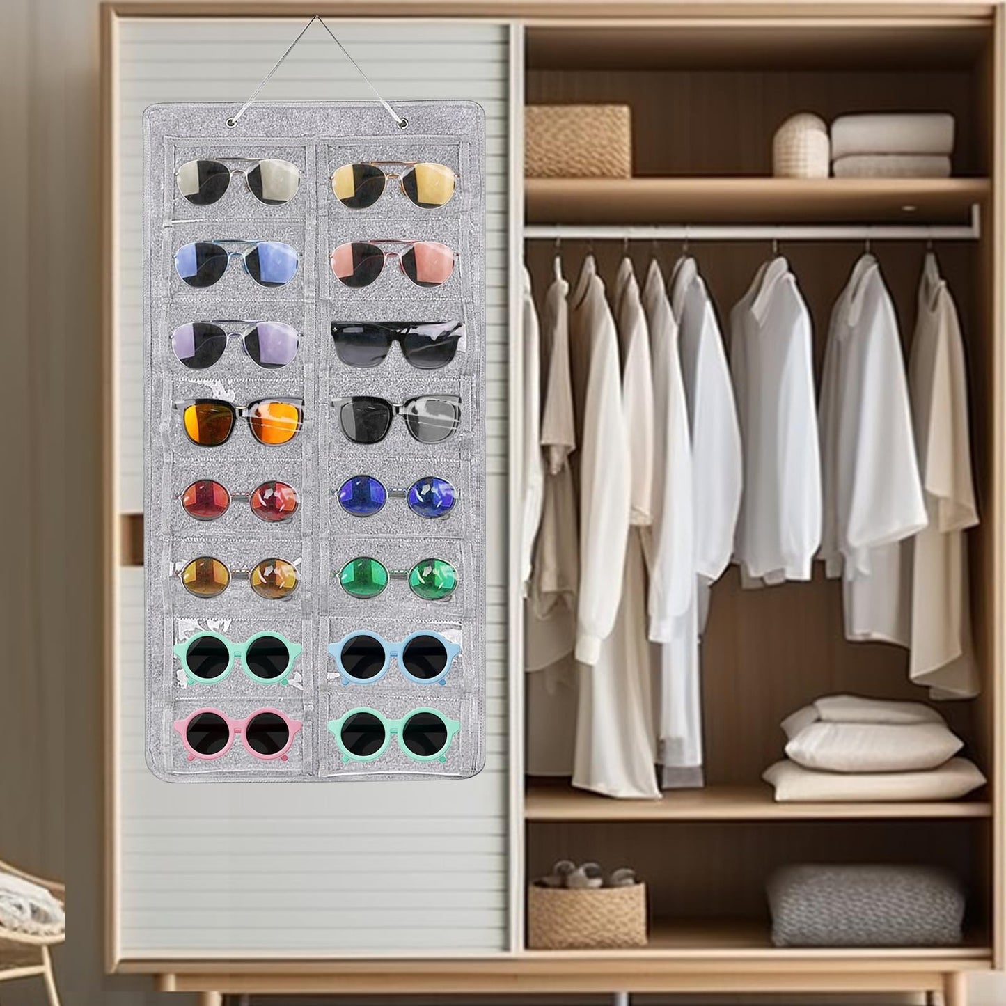Yunyige Sunglasses Organiser Hanging,Hanging Glasses Storage,Sunglasses Organiser Wall Felt with 16 Pockets for Glasses Storage and Display (Grey)