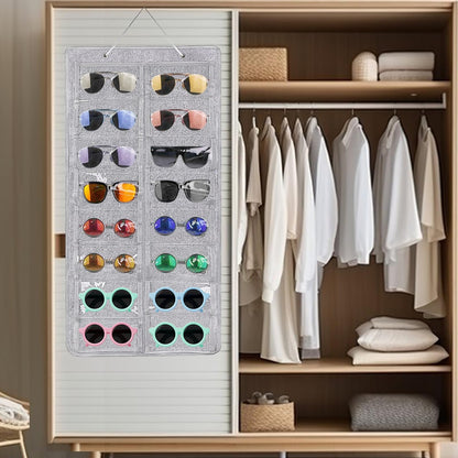 Yunyige Sunglasses Organiser Hanging,Hanging Glasses Storage,Sunglasses Organiser Wall Felt with 16 Pockets for Glasses Storage and Display Grey