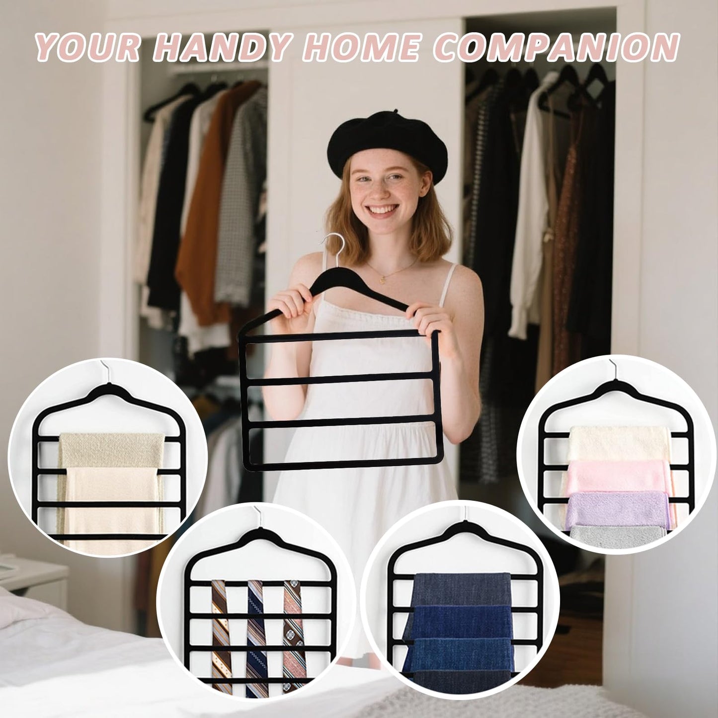 5 Pcs Velvet Trouser Hangers - 4-Layer Space Saving, Non Slip for Jeans, Trousers, Leggings, Tie, Scarf and Towel
