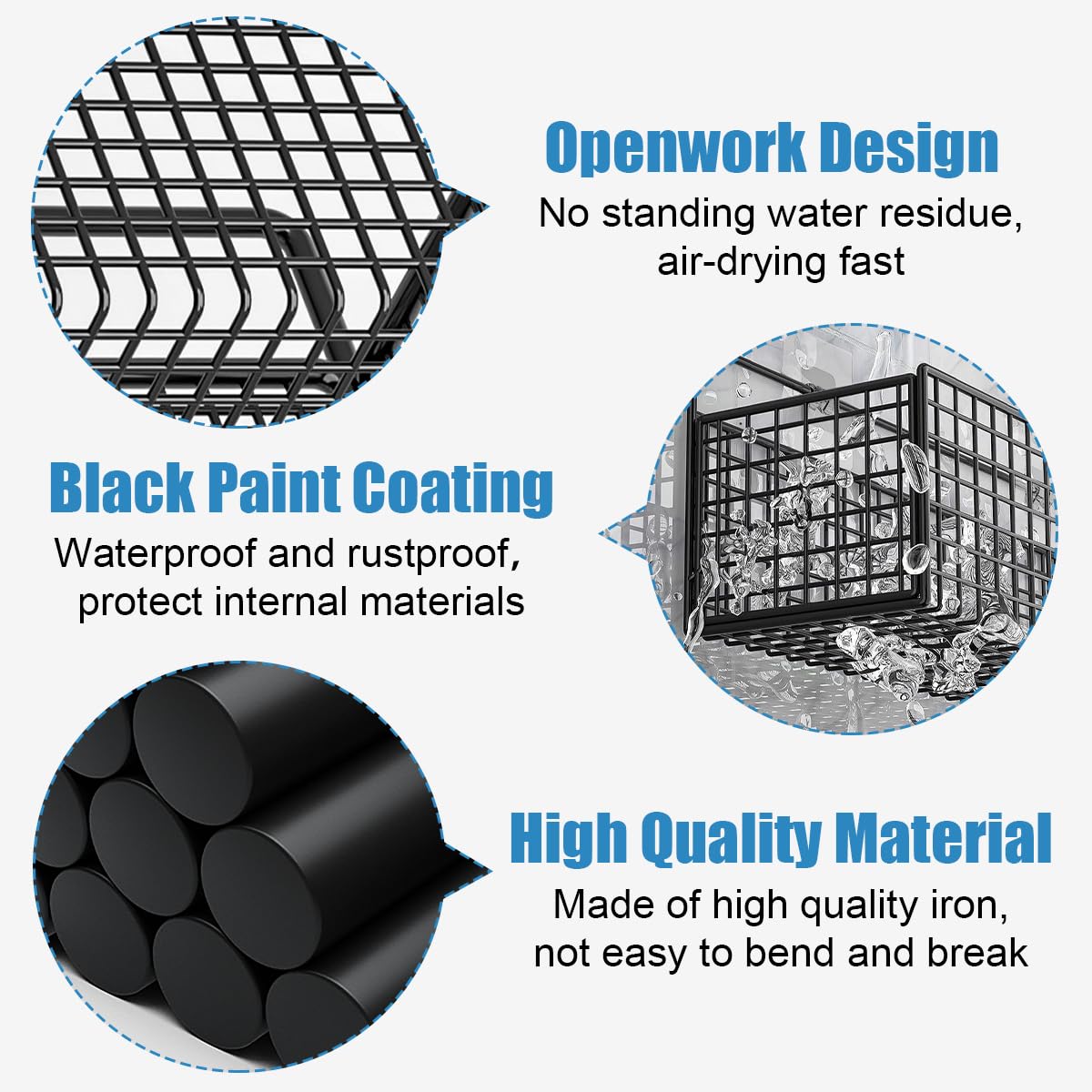 KOLAKO Wire Storage Basket, Self Adhesive Shower Storage Caddy Black, No Drilling Metal Shower Organiser, Wall Mounted Shampoo Holder