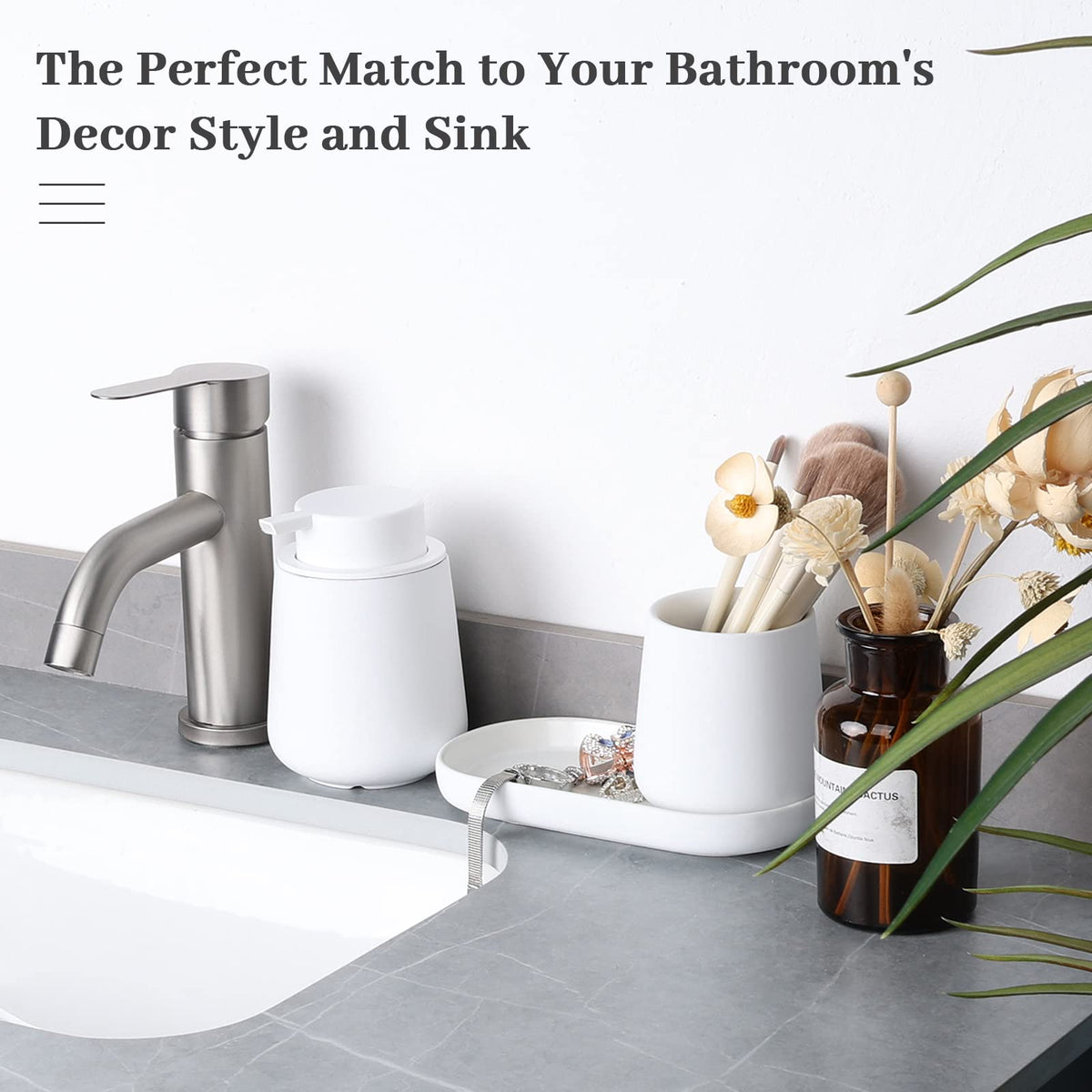 BosilunLife White Bathroom Accessory Set - 3 pcs Ceramic Bathroom Soap Dispenser Set Farmhouse Bathroom Counter Decor Set Accessories