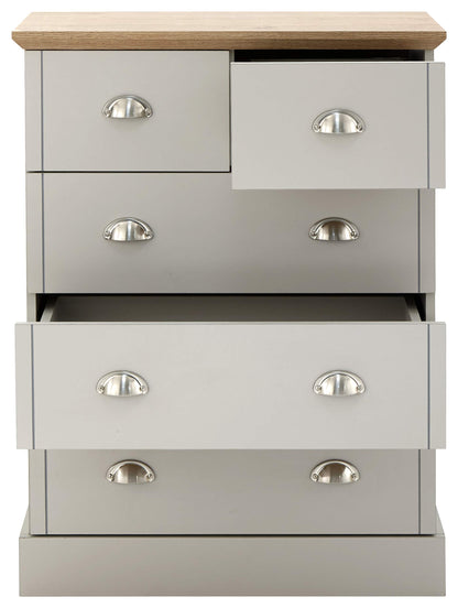 GFW Kendal 2+3 Drawer Chest of Drawers, Light Grey and Oak Effect Bedroom Storage Unit, Country Style Chest with 5 Drawers