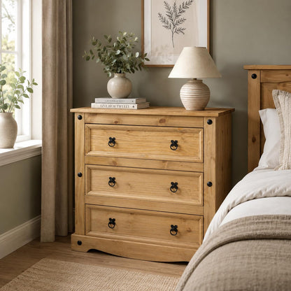 Corona Chest of Drawers 3 Drawer Mexican Solid Pine Wood Natural Wax Finish Black Metal Hardware