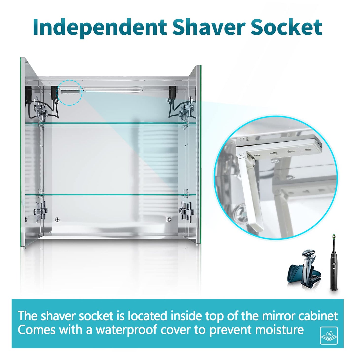ELEGANT Bathroom Mirror Cabinets with Lights and Shaver Socket, Double Door Stainless Steel Bathroom Wall Cabinets with Demister Pad & Adjustable