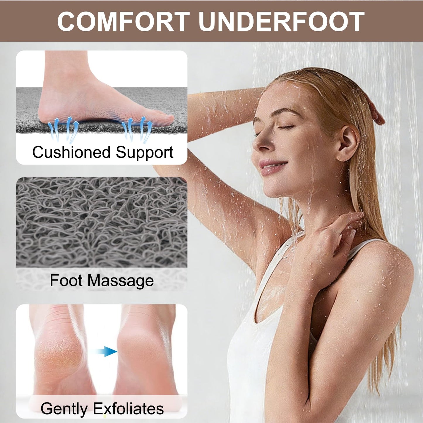 Shower Mat Non Slip Anti Mould: Bath Mats for Inside Bath- 60 x 40 cm Anti Slip Shower Mats for Inside Shower- Loofah Shower Mat Grey Long Washable