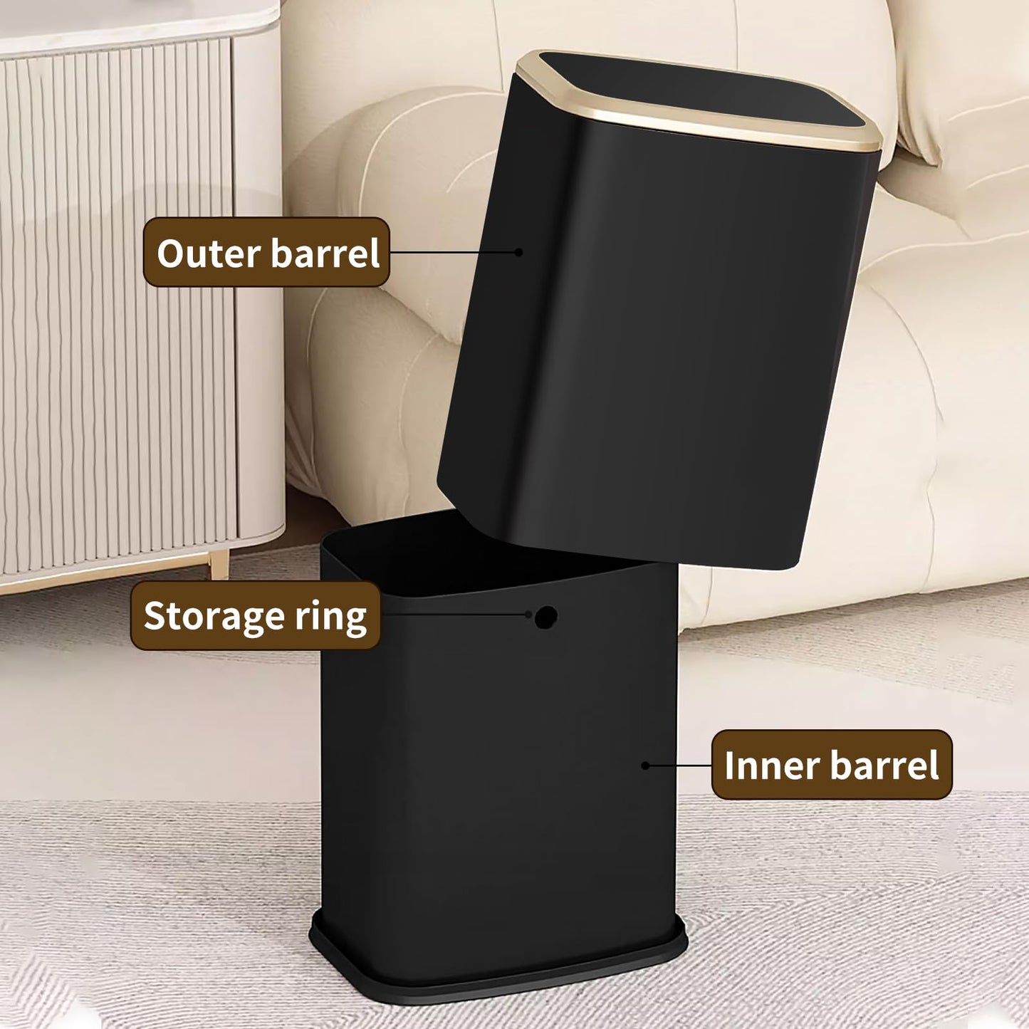 8L Small Bathroom Bin with Swing Lid,Slim Trash Bin for Bedroom,Black Gold