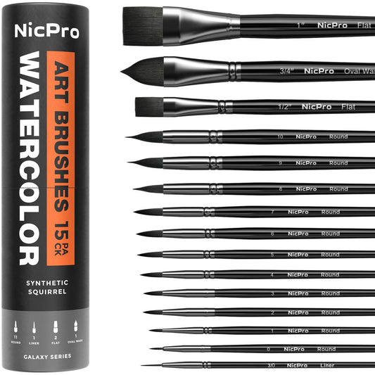 Nicpro 15PCS Watercolour Brushes Set, Soft Synthetic Squirrel Paint Brushes, Professional Water Color Paint Brush, Round, Cat Tongue, Liner, Flat,