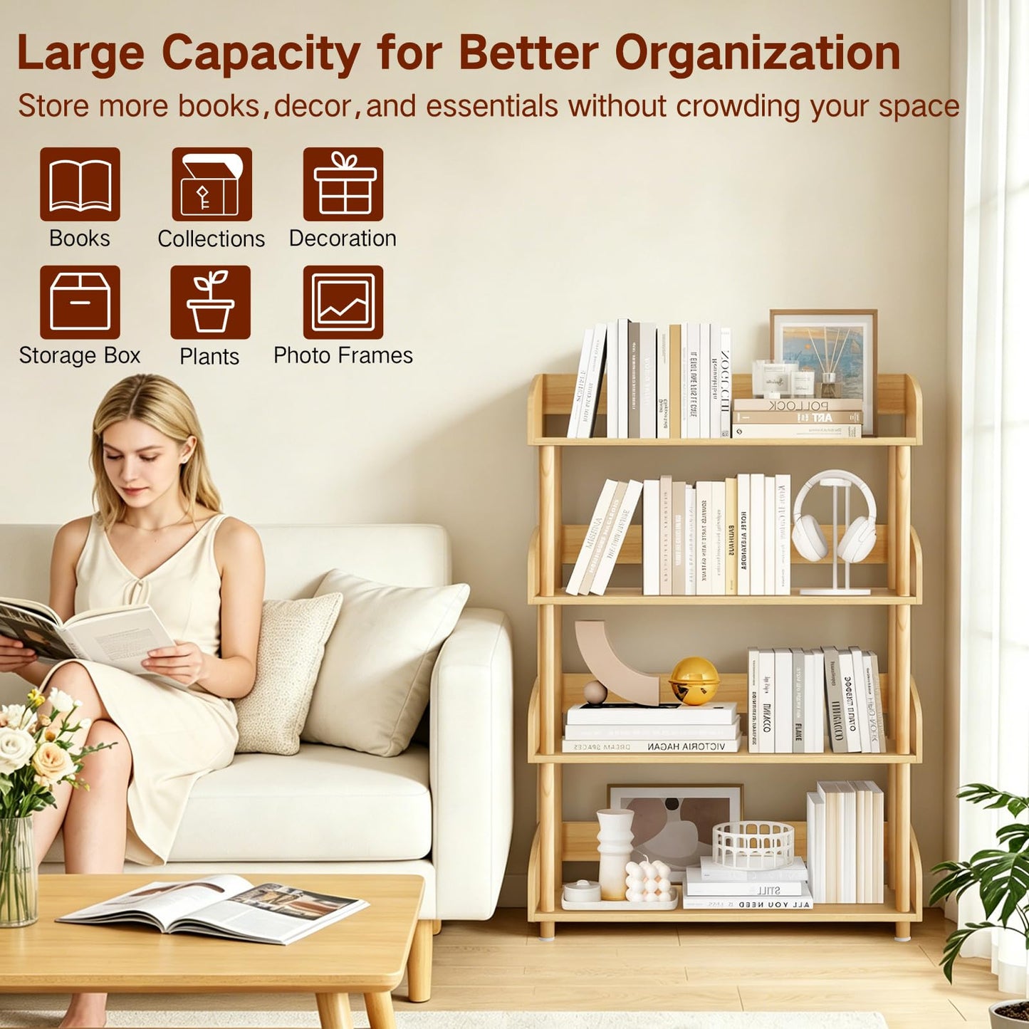 OUTONLIFE 4-Tier Wooden Open Bookcase, Modern Display Bookshelf with Solid Wood Frame and Rounded Corner Design, Storage Organizer for Living Room