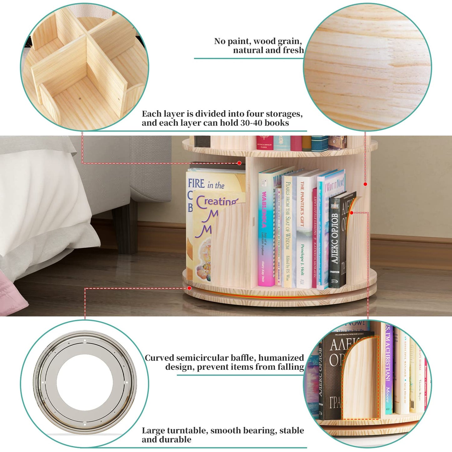 PTUWODS Rotating 360° Bookcase - Hexagonal Kids High Shelf, Floor Standing Corner Storage Shelf for Home, Living Room, Office (3 Tiers), Xuanzhuan001