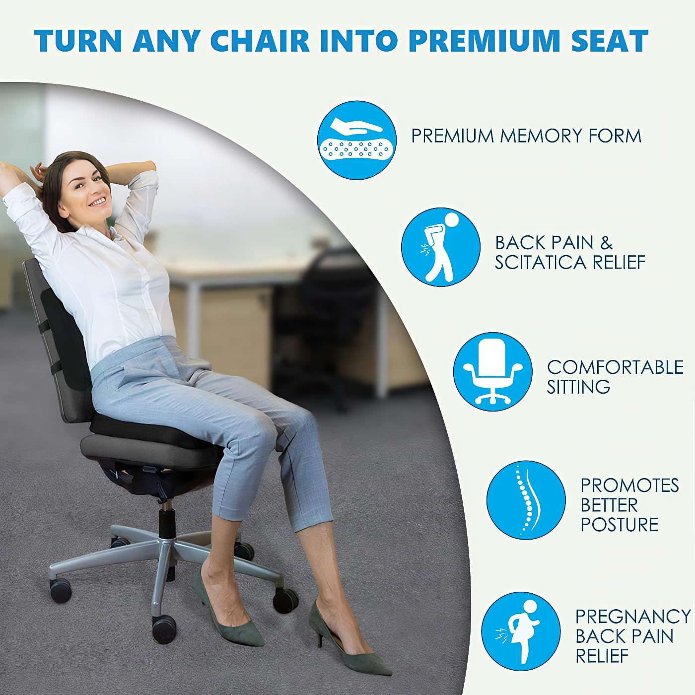 Kongming 2 in 1 Seat Cushion & Lumbar Support Cushion for Car,Wheelchair,Memory Foam Back Support for Office Chair with Adjustable Strap,Coccyx