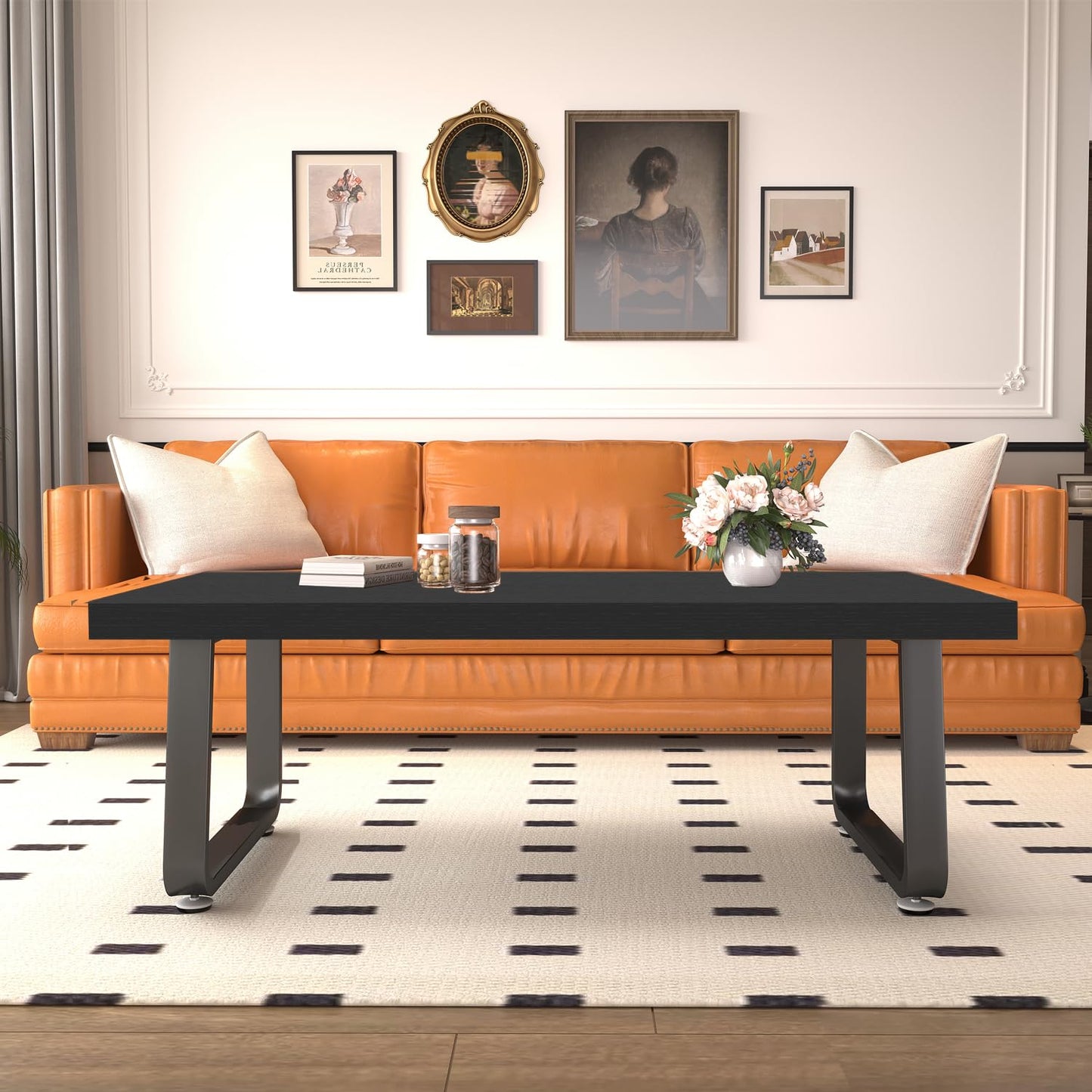 HSH Black Oak Coffee Table, 55D×100W×46.5H cm, Rustic Industrial Wooden Coffee Table for Living Room Bedroom Office