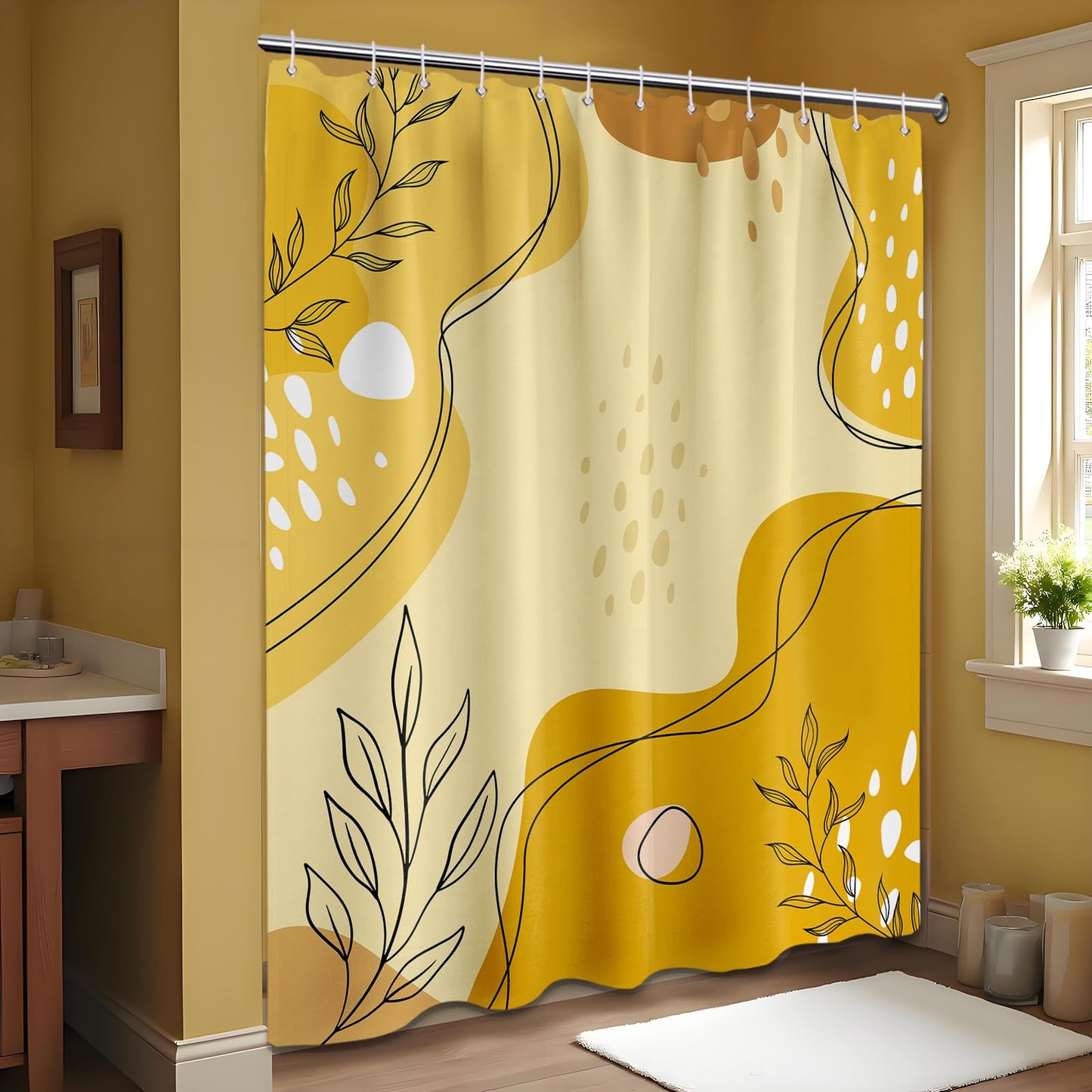 LanZanthic Mustard Yellow Shower Curtains for Bathroom Light and Dark Yellow Modern Abstract Boho Wet Room Shower Curtain with hooks