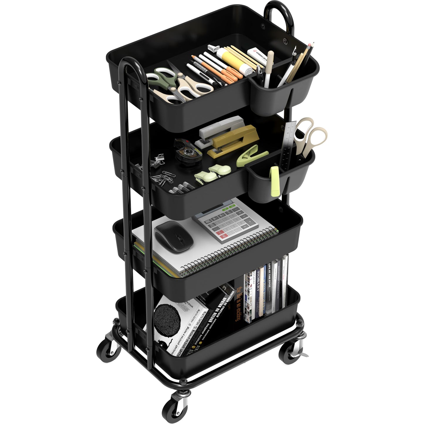 Simple Houseware 4-Tier Multifunctional Rolling Utility Cart with Basket Dividers and Hanging Buckets, Black