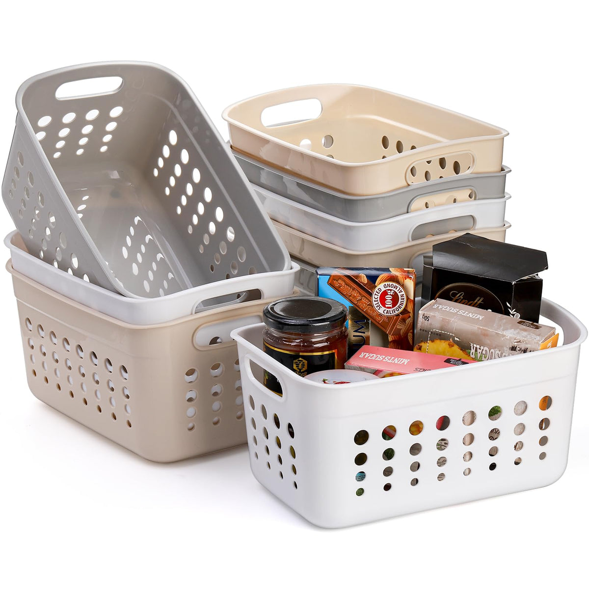 DEAYOU 9 Pack Plastic Storage Basket, Small Pantry Organizer Basket Bins, Rectangular Storage Tray Basket Container with Handle for Shelf, Household