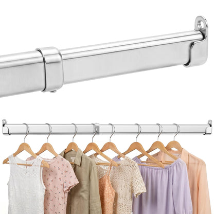 Flat Oval Telescopic Wardrobe Rail, Heavy Duty Stainless Steel Extendable Closet Rod, Adjustable Clothes Hanging Rail with U-Shaped End Supports
