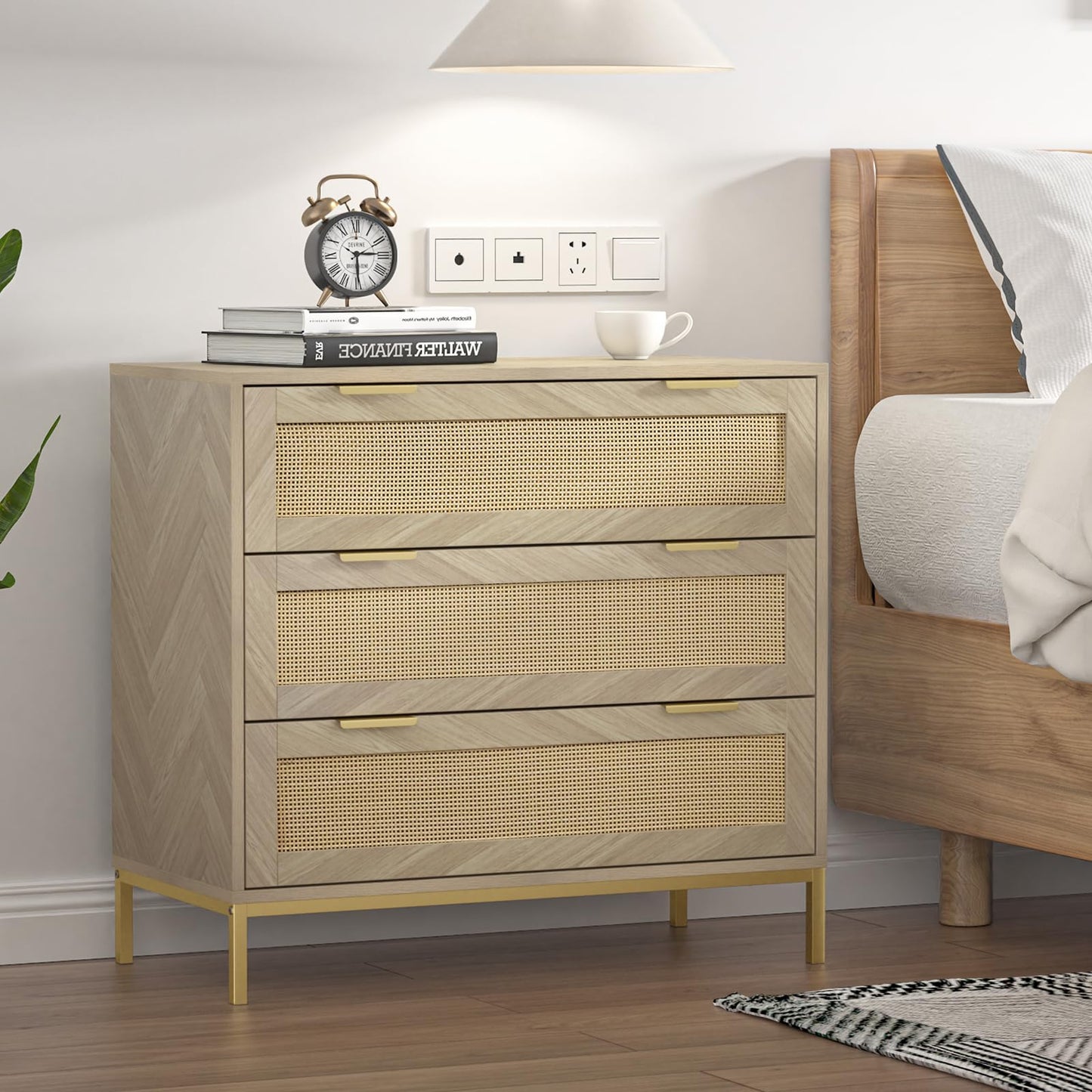 Yvsevnr Rattan Bedroom Dresser Chest of Drawers Anti-Tipping Wooden Herringbone Closet Dressers Large Nightstand Metal Handles Bedside Storage
