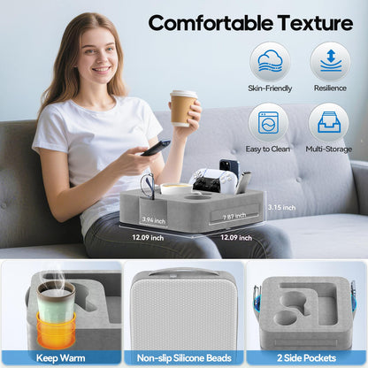 Heyife Couch Cup Holder Pillow with L-Shaped Tablet Slot, Sofa Cup Holder Tray for iPad, Kindle, Switch, Phone & Drink Holder