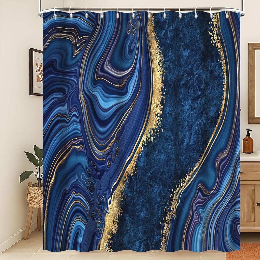 Xiaoterna Marble Fabric Shower Curtain Navy Blue And Gold Marble Neutral Color Waterproof Bathroom Curtains Modern Luxury Mildew Resistant Machine
