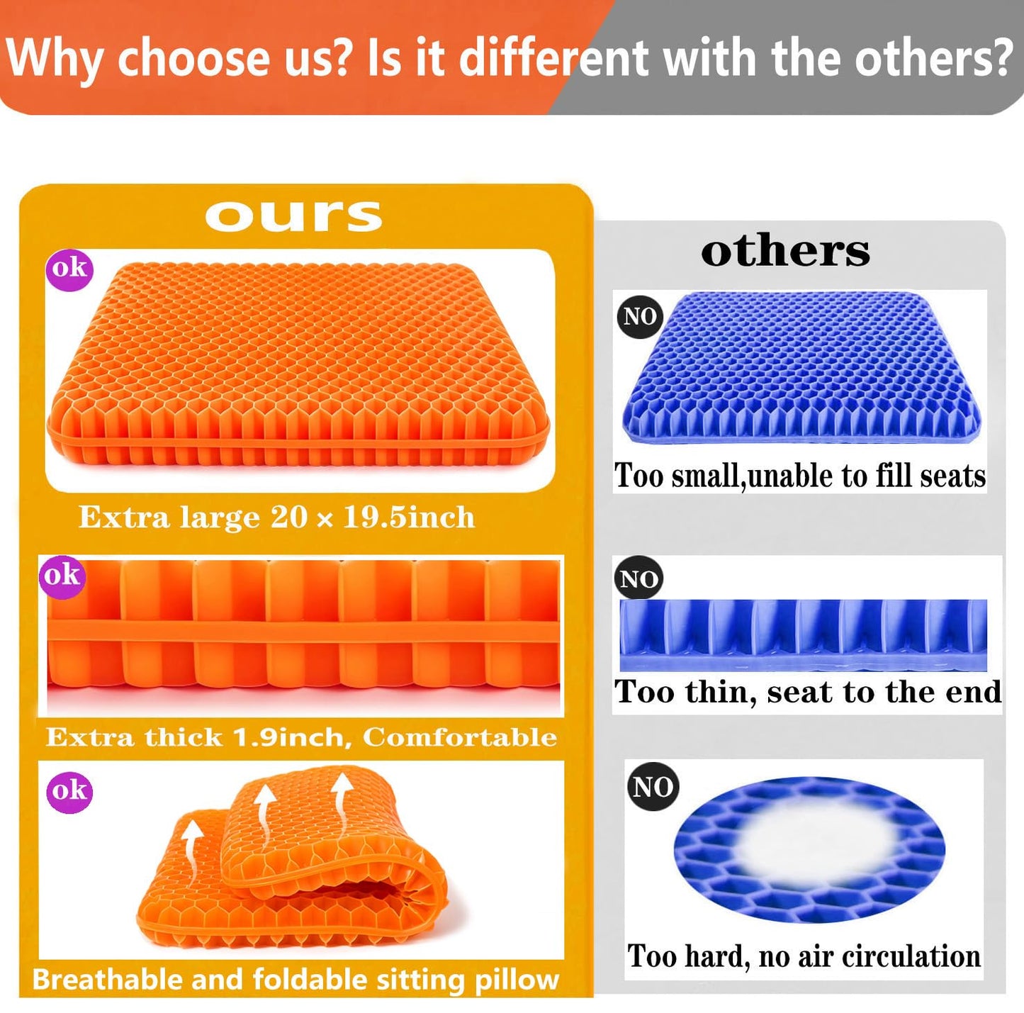 Plus Size Gel Seat Cushion, 50×50×4cm, Large and Thick Supportive Seat Cushion for Pressure Relief for Buttock, Sciatica, Tailbone Pain