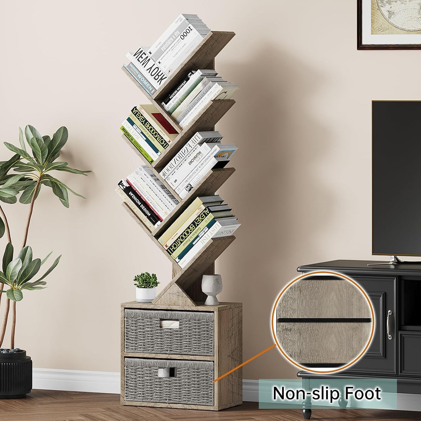Vagusicc 6 Tier Tree Bookshelf, Modern Floor Standing Bookcase with Storage Drawer, Space Saving Storage Organizer Book Shelves for Books