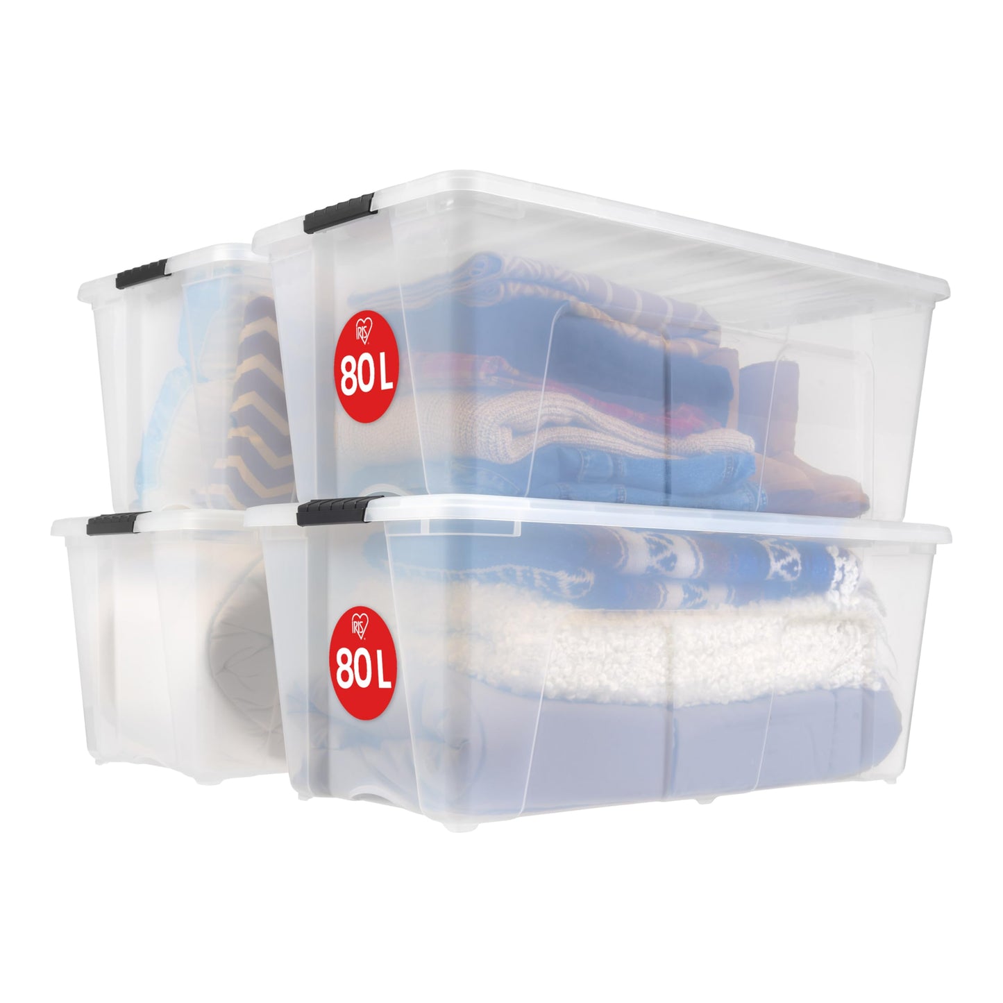 Iris Ohyama, Large Plastic Storage Boxes with Lids, 80L, Set of 4, Clear, Latching Buckles with Handles, Stackable, Nesting, Strong & Durable