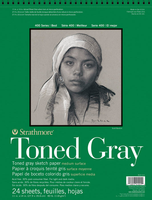 Strathmore 400 Toned 118gsm Paper Spiral Bound Sketchpad, Fine Grain, 11 x 14 in, 24 Sheets, For Professionals & Students