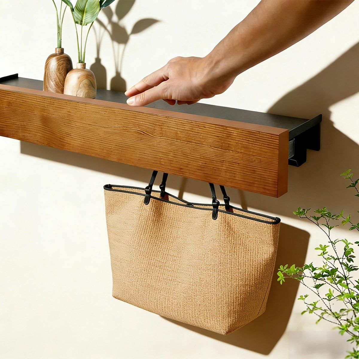 WJUAN Coat Hooks with Shelf, Wall Mounted Coat Rack – 40 cm 8-Hook Hidden Organiser, Black and Brown
