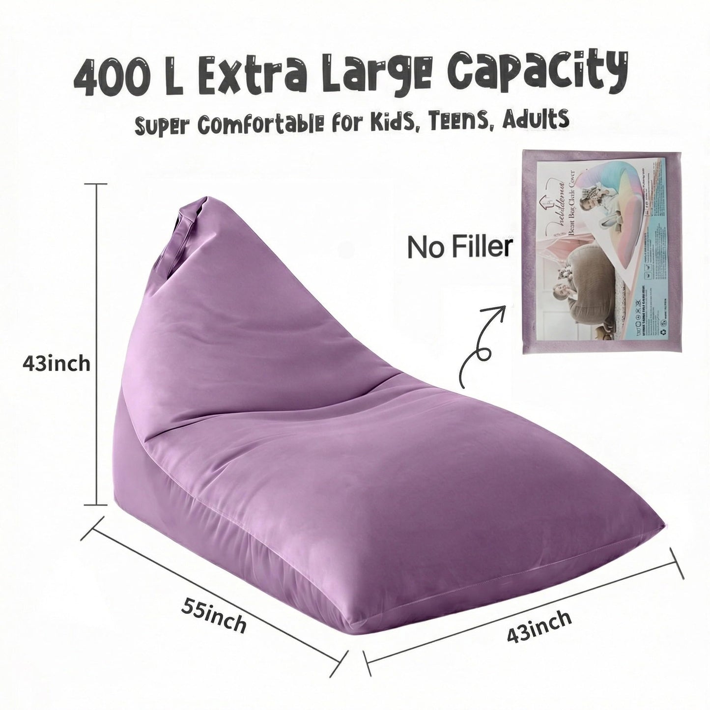 Nobildonna 4ft Bean Bag Chair Cover (No Filler) for Adults, 400L Extra Large Triangular Beanbag Chair Cover